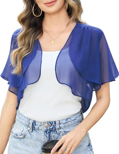 Aottori Blue Chiffon Bolero Women Summer Shrugs Boleros Ladies Short Sleeve Open Front Sheer Shawl Tops Lightweight Cropped Cardigans Jackets for Evening Wedding Blue XL