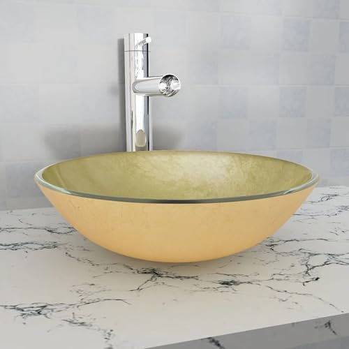 Lavabo de vidrio, Cinyiqo Lavabo Sobre Encimera, Lavabo Baño, Muebles De Baño, Mueble Lavabo, templado dorado 42 cm