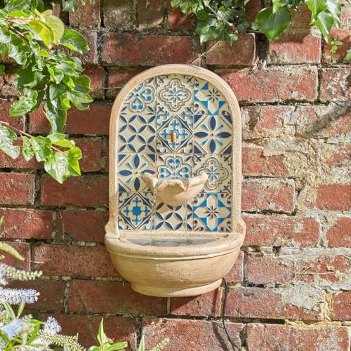 Festive Lights - Fontaine à eau solaire murale Aragon 50 cm avec motif mosaïque - Polyrésine multicolore IP44, fonction jardin extérieur - Batterie rechargeable, pompe de recirculation et fixation