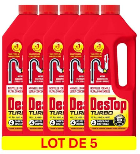 DESTOP Gel désinfectant et déboucheur canalisation Turbo 5 min - 4 doses - Lot de 5 x 1L