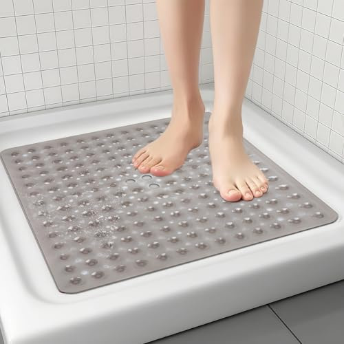 Cozary Tapis de Douche Antidérapant 53x53cm, Tapis de Bain carré antidérapant à ventouses avec Ventouses, Tapis de Douche en PVC Souple pour Sécurité & Confort, Lavable en Machine-Gris