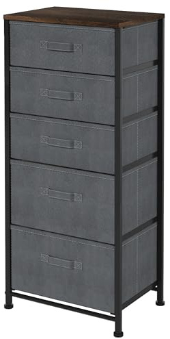 Whitmor Dresser for Bedroom, 5 Drawer Fabric Dresser, Chest of Drawers with Removable Fabric Drawer,37 Tall Wood Storage Organizer with Sturdy Steel Frame, 16.7 Lx 11.7 W x 37.2 H, Gray