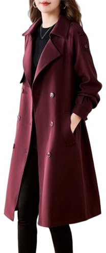 Genérico Gabardina Cruzada para Mujer, Abrigo Largo Ajustado con Cinturón, Chaqueta Clásica Elegante con Solapa, Resistente Al Viento, para Oficina, Trabajo, Primavera Otoño, Burdeos, Xl