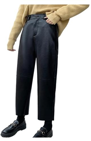 Pantalones De Cuero Mujer Pantalones Anchos de Piel sintética for Mujer, otoño e Invierno, Cintura Alta, Informales, Holgados, hasta el Tobillo, 1 Unidad(Black,M)