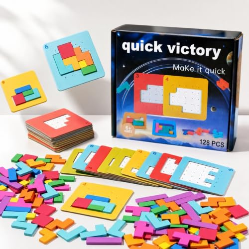 Techspace 128Pcs Wooden Block Stacking Games Fast-Paced Building Block Game Play for Party Game Night, Classroom, 1 to 6 Players, Speed Matching Challenging Board Games for Kids Ages 4+