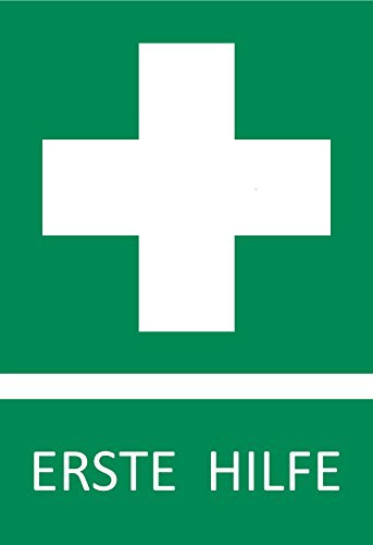 5 Aufkleber Erste Hilfe Schild Zeichen (wetterfest), 10,5 x 14,8 cm, Verbandskasten, Grünes Kreuz Hinweisschild, Rettungszeichen