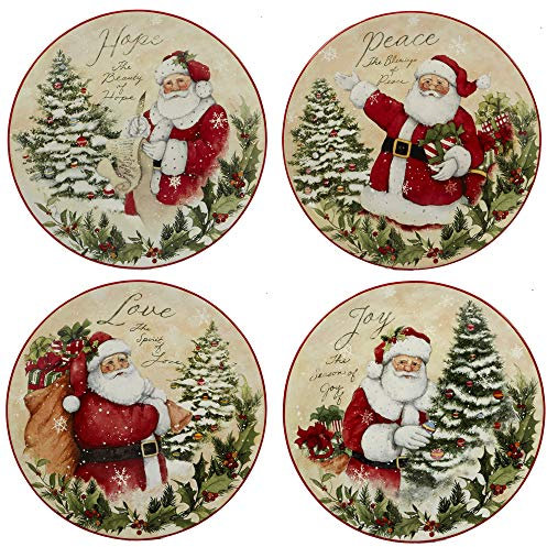 Holiday Wishes Christmas Salad Plates Set of 4 9 Inch Vintage Santa Ceramic Plates with Peace Love Joy Hope Festive Holiday Dessert or Appetizer Plates for Entertaining
