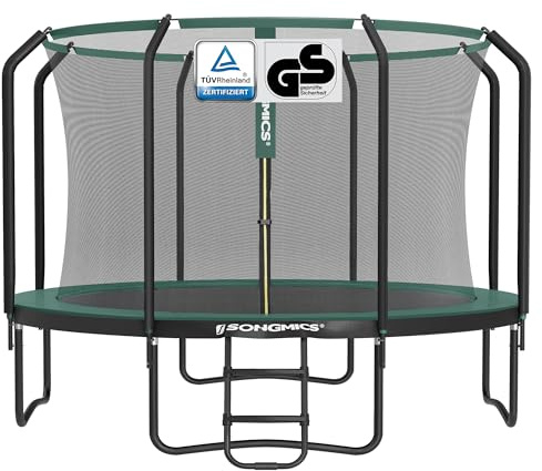 SONGMICS Trampolin 366 cm d, Gartentrampolin für Kinder mit Sicherheitsnetz, 180 cm hohe Stangen, Randabdeckung, Leiter, Stahlrahmen, schwarz-dunkelgrün STR123C01