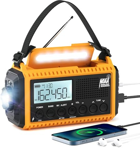Eoxsmile NOAA Emergency Weather Radio - 5000mAh Solar/Hand Crank/Battery AM/FM/SW with USB Charger, LED Flashlight & SOS Alert, Clock, Portable Survival Radio for Power Outage, Hurricanes, Camping