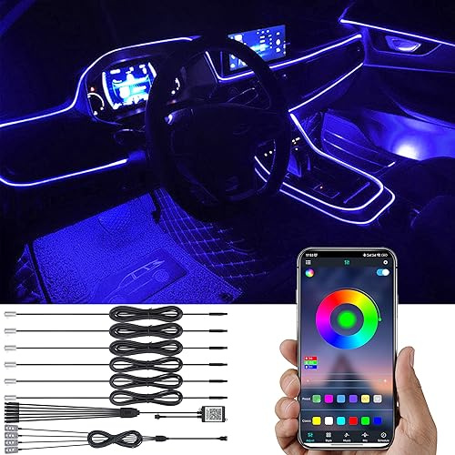 TABEN luz Ambiental para Coche, Control de aplicación, reajuste DIY, Tubo de Fibra óptica Flexible, 64 Colores, iluminación Interior para el Espacio para los pies, luz de atmósfera 1W DC 12V 8m