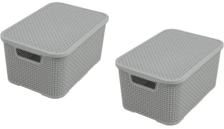 BranQ - Home essential Juego de 2 cestas con tapa en diseño de ratán, tamaño M 10 L, plástico sin BPA, gris claro, 28.8 x 19.7 x 16.2 cm, 2 unidades, M