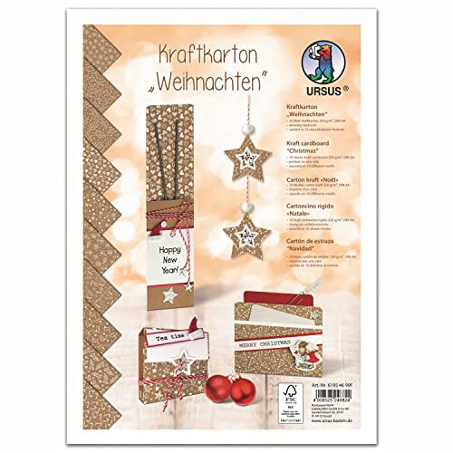 Ursus 61954699F - Kraftkarton Weihnachten, 250 g/m² DIN A4, 10 Blatt Bastel-Karton, einseitig mit 10 verschiedenen Motiven in Weiß bedruckt, ideal zum Basteln von Karten und Geschenkanhängern