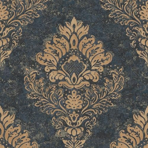 Papier peint baroque Profhome 379012-GU papier peint intissé légèrement texturé au style baroque mat bleu or 5,33 m2