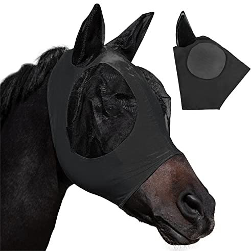 1 Stück Anti-Fliegen-Pferdemaske, Pferdemaske mit Ohrenschützerschutz, Atmungsaktives Mesh, Anti-UV, Anti-Mücken, Insekten, Elastische Bremsenmaske (Schwarz)
