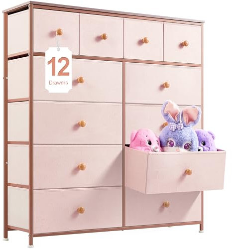 EnHomee Chest of Drawers, 12 Drawer Chest of Drawers with Easy Pull Handle, Pink Chest of Drawers for Bedroom, Tall Fabric Drawers for Girl, Storage Living Rooms, Closet, Hallway.