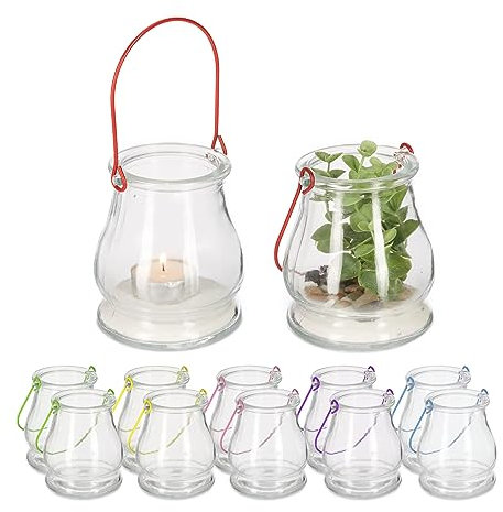 Relaxdays Windlicht, 12er Set, Glas, mit Buntem Henkel, innen & außen, Teelichthalter, H x D: 10 x 8,5 cm, transparent
