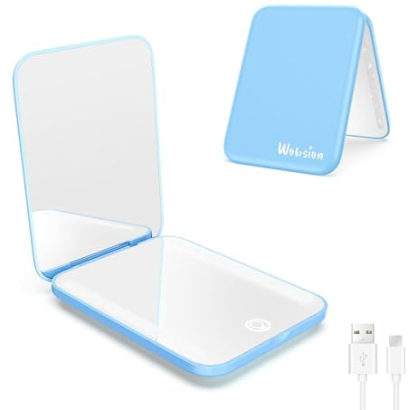 WOBSION Travel Makeup Mirror with Light, Dimmable Compact Mirror for Pocket, Small Mirrors for Handbag, 1x/3x Magnifying Portable Led Mirrors for Women, Rechargeable, Gifts for Girls, Light blue