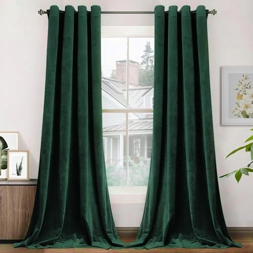 SMILETIME Emerald Green Velvet Curtains 52x108 Grommet 2 Panels | OEKO-TEX rust-proof grommets light filtering heat insulated noise reducing, living room bedroom study, machine washable