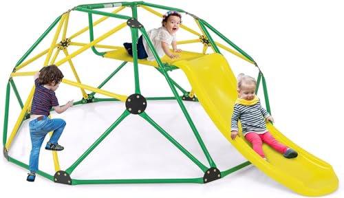 Climbing Dome with Slide, Kids Outdoor Jungle Gym Geometric Dome Climber, Steel Frame, 8FT Climb Structure Backyard Playground Center Equipment for Toddlers (Yellow + Green)
