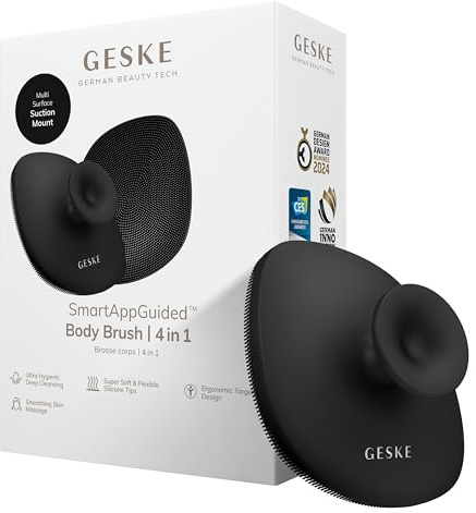 GESKE Body Brush | 4 in 1 | Cepillo limpiador para todo el Cuerpo | Limpieza profunda profesional | Filamentos de silicona suaves | Diseño ergonómico de dos dedos | Limpieza y masaje