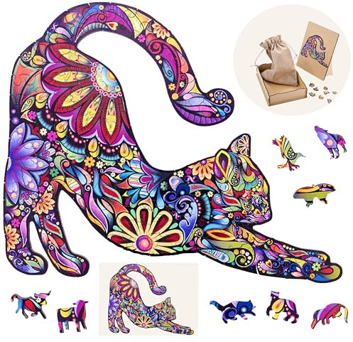 Engelhart - 602100 - Holzpuzzle Tiere: Katze A4 (21 x 29,7 cm) - Einzigartige 59-Teile-Holzform - Dekoratives Erwachsenenpuzzle aus Pappelholz - Ab 12 Jahren