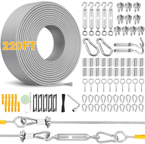 220FT 1/8 Wire Rope Kit - 304 Stainless Steel Cable with Turnbuckles for Cables Wire, Vinyl Coated Hanging Wire for Outdoor String Lights, Camping, Garden Trellis, Hanging Clothes, Pictures, Curtain