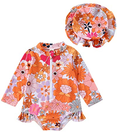 Edhomenn Baby flickor 2 delar sommarkläder långärmad blommigt skal tryck baddräkt med solhatt spädbarn flickor strand baddräkt, 02 orange, 18-24 månader