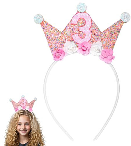Abeillo Corona di compleanno 2/3/4 anni, corona di compleanno per ragazza, fascia con fiori rosa, per neonata, decorazione di compleanno per neonata, decorazione di compleanno, 3 Anni, S-M