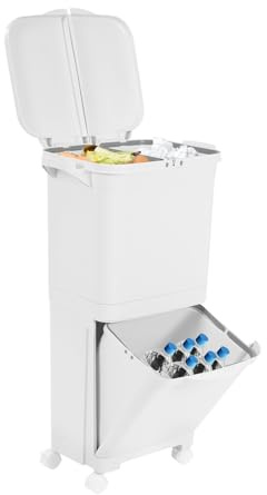 Susoso Cubo de basura de cocina, sistema de separación de basura de 45 L con 4 ruedas universales para la separación de residuos, ideal para hogares, 33,4 x 24,3 x 79,5 cm, color blanco