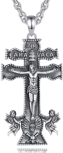 EUDORA Harmony Ball Plata de Ley 925 Collar Caravaca Cruz para Mujer Hombre, Amuleto Colgantes Cruz de Jesus Caravaca Ángel Cristiano Vintage Joyería Regalo Original para Mujer Hombre, 22+2