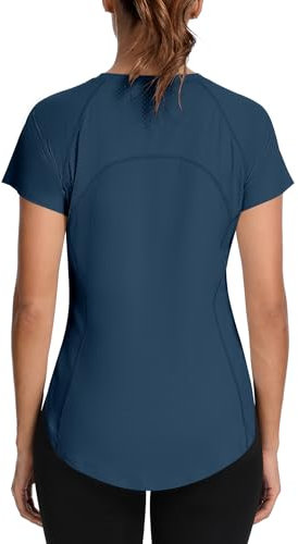 IECCP Sportshirt Damen Atmungsaktiv Sport Oberteil Laufshirt UV Shirt Locker Funktionsshirt Fitness Top mit Back Mesh Funktionsshirt Marineblau M