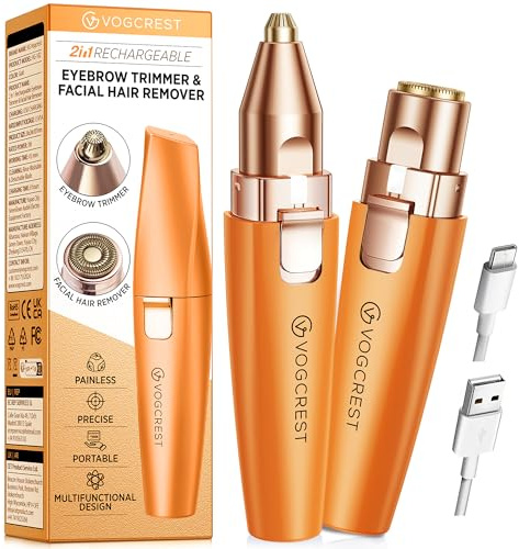 VG VOGCREST Eyebrow Facial Trimmer: 2 in1 Rechargeable Facial Hair Removal and Eyebrow Shaver - Face Lips Body Painless Facial Razor with Built-in LED Light (Orange)