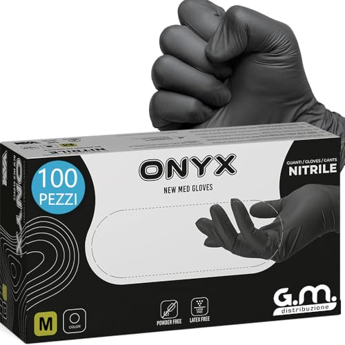 G.M. DISTRIBUZIONE GM 100 Guanti Nitrile Neri M senza polvere, senza lattice, ipoallergenici, Guanti Monouso Nitrile per Tatuatori, Estetisti, Manipolazione degli Alimenti
