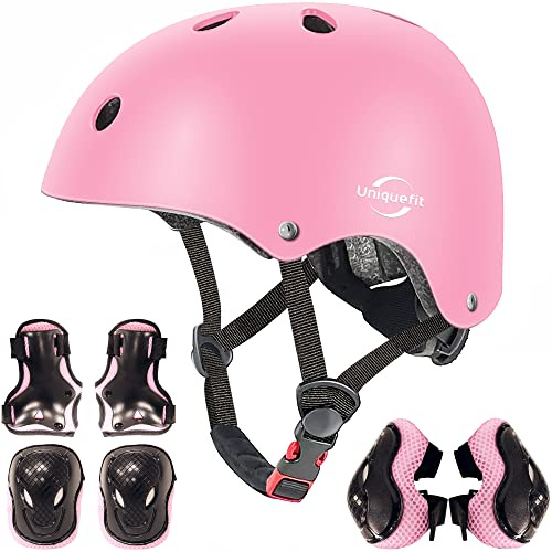 casco regolabile per bambini e set di protezioni ginocchiere gomitiere polsiere (pink, S(3-8 Years Old))