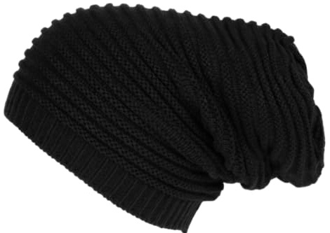 Bonnet Long Oversize en Laine, Style Rasta, Tricot Côtelé, Unisexe, Karpher (FR/ES, Alpha/Lettres, Taille Unique, Noir)