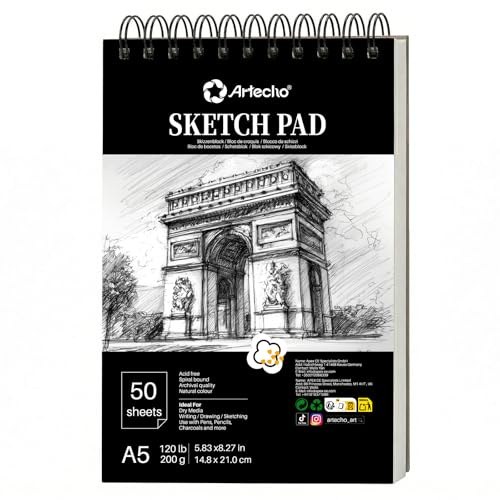 Artecho A5 Sketch Book, 200gsm Hardcover Spiral Bound Sketch Pad, 50 Sheets Acid Free Drawing Paper for Pencil, Charcoal, Pastel and Travel Sketching