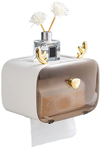 Wall Mounted Toilet Paper Holder, Decorative Roll Holder with Shelf Adjustable Toilet Paper Organizer Transparent Window Deer Antler Shaped Design for Kitchen Washroom Bathroom