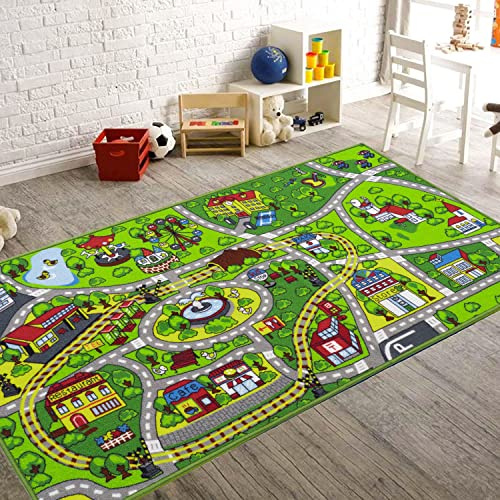 Booooom Jackson Car Rug with Exquisite Box,Washable Rug Kids Area Rug Play Mat 60x32,Train Track Car Mat,Children Non Slip City Road Floor Carpet for Playroom Bedroom Kids Room