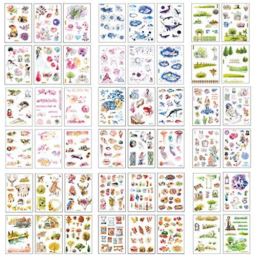 48 Blatt Scrapbooking Sticker Selbstklebend, Ouceanwin Washi Paper Deko Stickers Reisen Blumen Pflanze Wald Aufkleber für Fotoalbum Notizbuch Kalender Tagebuch Bullet Journal DIY Dekoration