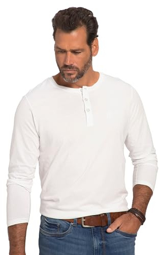 JP 1880 Men's Shirt, Henley, Langarm, Knopfleiste, bis 8XL T-Shirt, Weiß, 6XL
