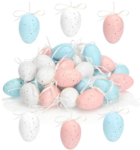 com-four® 36x Huevos de Pascua Pintados a Mano para Colgar 6 x 4 cm - Decoración de Pascua con diseño de Huevo de codorniz - Huevos de Pascua Decorativos para Colgar (36 Piezas - Azul/Blanco/Rosa)