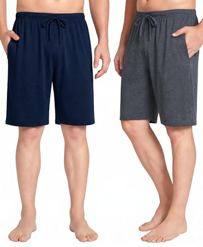 2 Piezas Pantalones Cortos de Pijama para Hombre Verano Shorts Cintura ajustable de Modal con Bolsillos