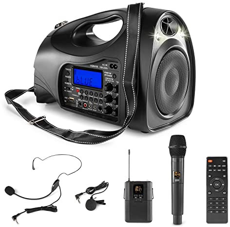 Vonyx ST016 - Tragbarer PA-Sound-Verstärker mit 2 drahtlosen Mikrofonen, Hand und Bodymikrofon, Sprachverstärker für Präsentationen, Audio Guides, Straßenkünstler, USB, SD, MP3-Player