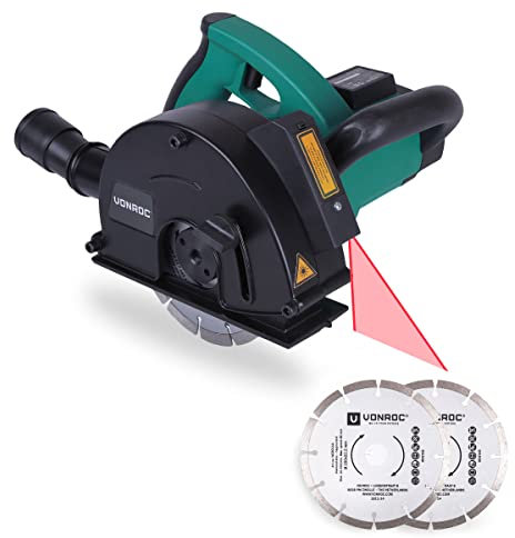 VONROC Rozadora de pared con láser - 1700W - 150mm - Incl. 2 discos de diamante, adaptador de aspiradora y bolsa de almacenamiento (Incl. 4 discos)