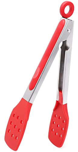 Pinze da cucina da 9 pollici, pinze da cucina con punte in silicone e manico in acciaio inossidabile, pinze antiaderenti resistenti al calore per cucinare, buffet, servire insalata (Rosso, 9)