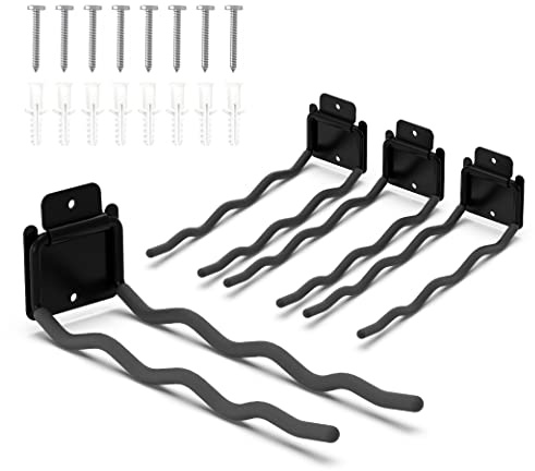 HUHOLE 4 Pack Garage Hooks Heavy Duty – 12 Inch Long Wave Wall Mount Hangers for Ladders, Shovels, Chairs & Garden Tools – Steel Utility Organizer for Garage Storage System (60lb Capacity, Black)