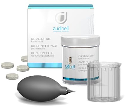 Audinell Kit de Nettoyage - Set pour Nettoyer les Embouts d’aides auditives – Kit composé de 8 Pastilles Nettoyantes Effervescentes, 1 Gobelet de Nettoyage et 1 Poire de Séchage