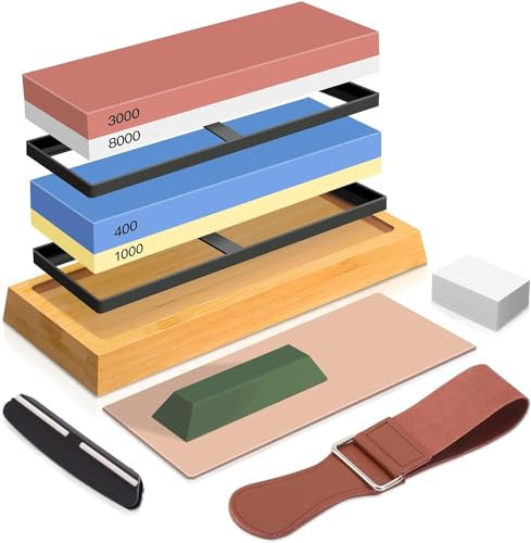 YOUTU® Lot de 10 pierres à aiguiser professionnelles Grain 400/1000 3000/8000 avec fond en bambou antidérapant, guide d'angle, pâte à polir, courroie d'affûtage en cuir