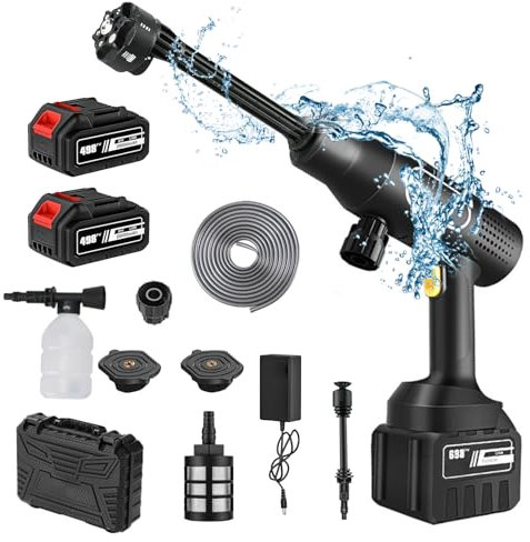 Akku Hochdruckreiniger, 21V Mobiler Hochdruckreiniger mit 6-in-1 Multifunktionale Düse, Tragbarer Hochdruckreiniger mit 2x10000mAh Akku, 36 Bar mit 5M Schlauch für Auto, Terrasse, Fenster
