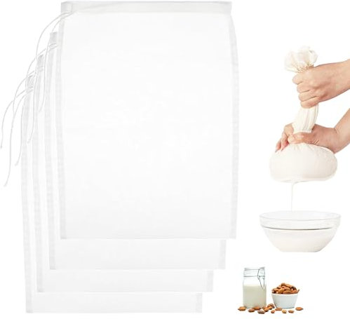 4 sacchetti per latte di noci, riutilizzabili, lavabili, sacchetti per filtro con coulisse, per formaggio, succo di frutta, caffè e verdura (45 × 60 cm)